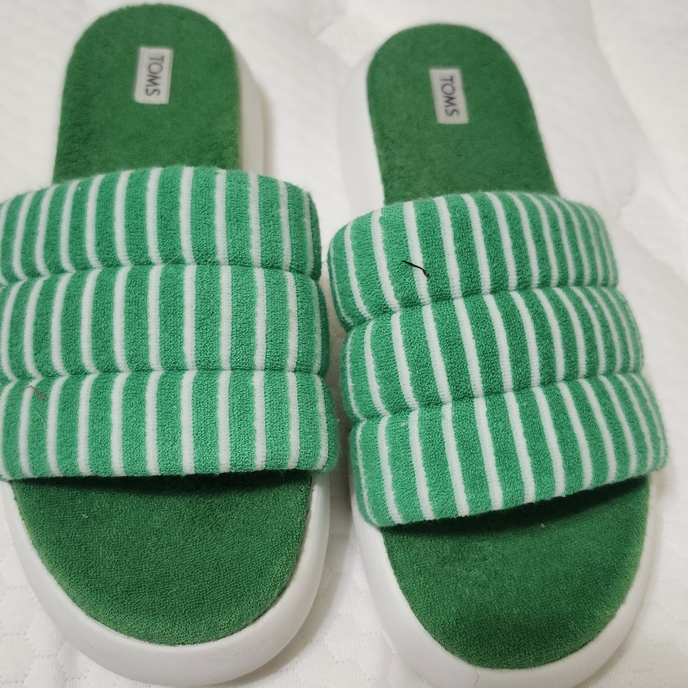 TOMS Green and White Striped Slides